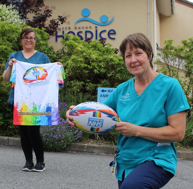 hospice nurses with aramis rugby ball and rugby shirt