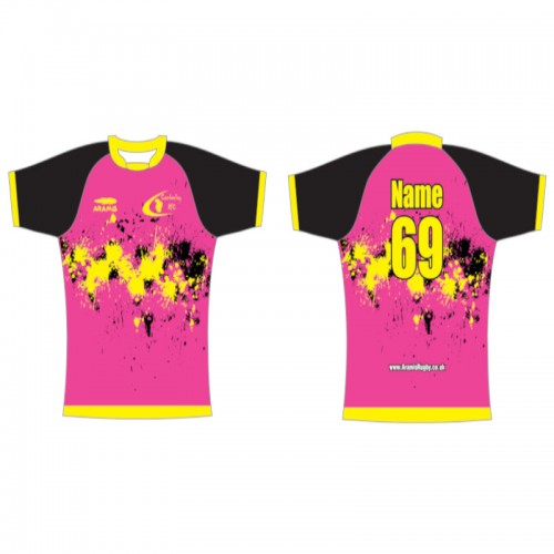 Pink colored with black sleeve tshirts from aramisrugby
